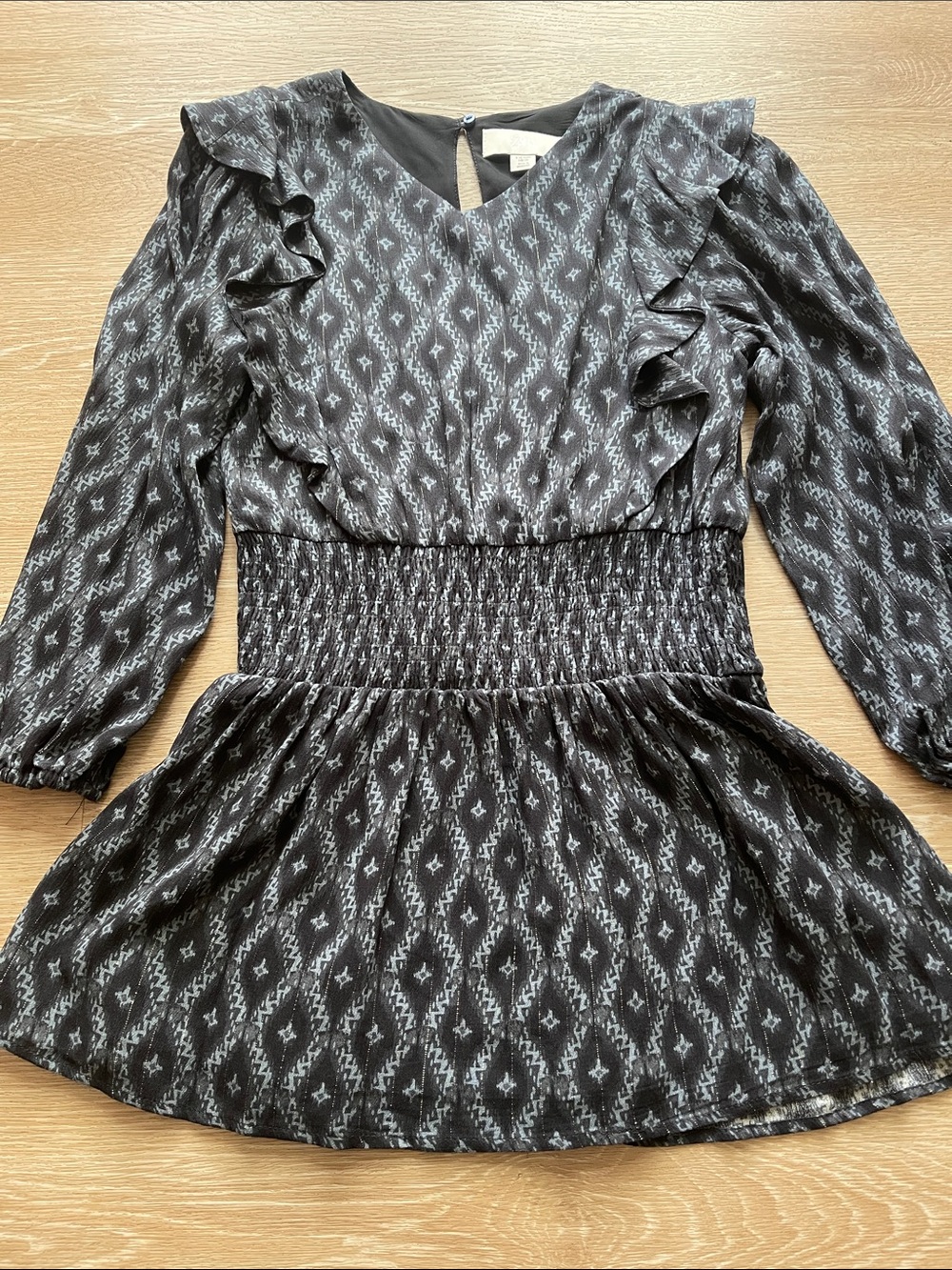 ZARA Black and Gray Patterned Ruffle Waist Dress